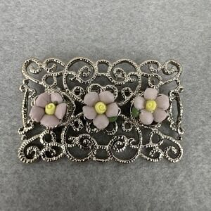 1920's Brand Silver Tone Faux Enamel Flower Pin Brooch vintage pin brooch